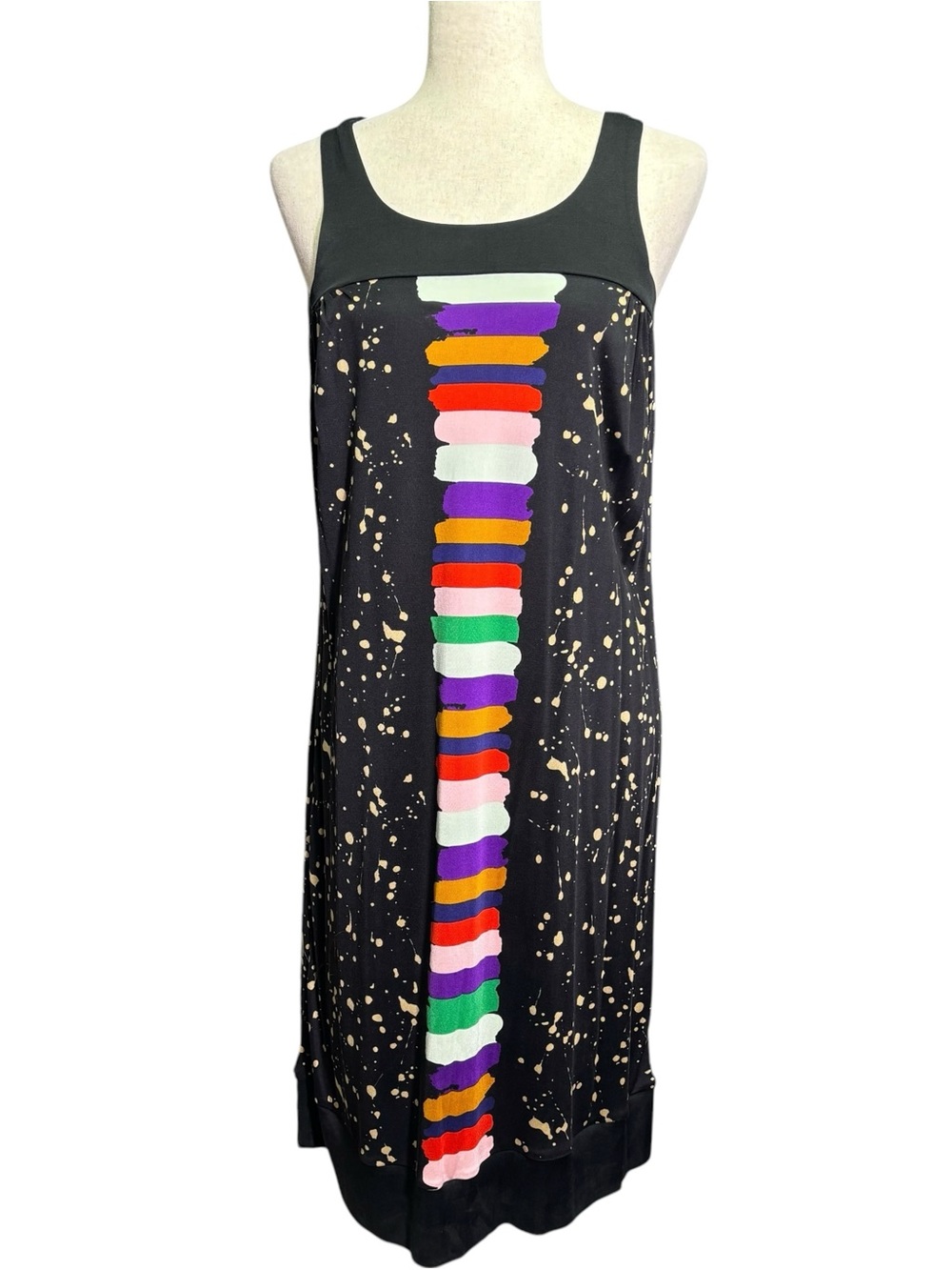 Jane Wang Black Sleeveless Silk Art Dress Abstract Paint Stroke Print Size 8